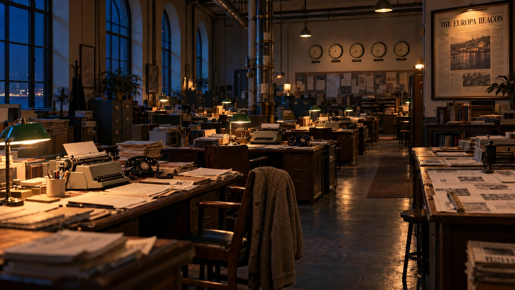 The Europa Beacon newsroom at night, desks and typewriters under green lamps