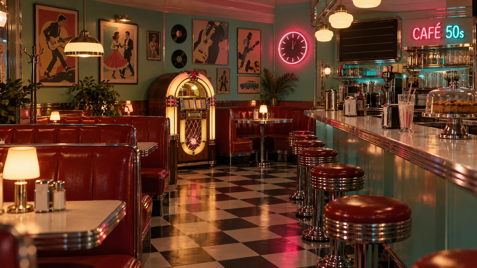 Inside Café 50s: chequerboard floor, red booths, chrome stools and a glowing jukebox