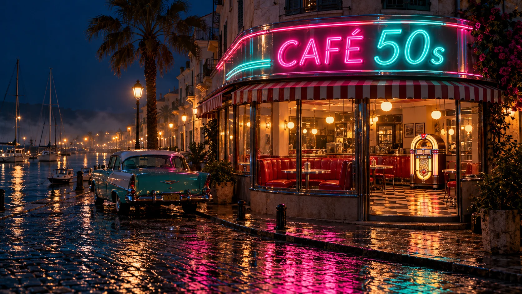 Café 50s at night, its pink and turquoise neon sign glowing over a wet street