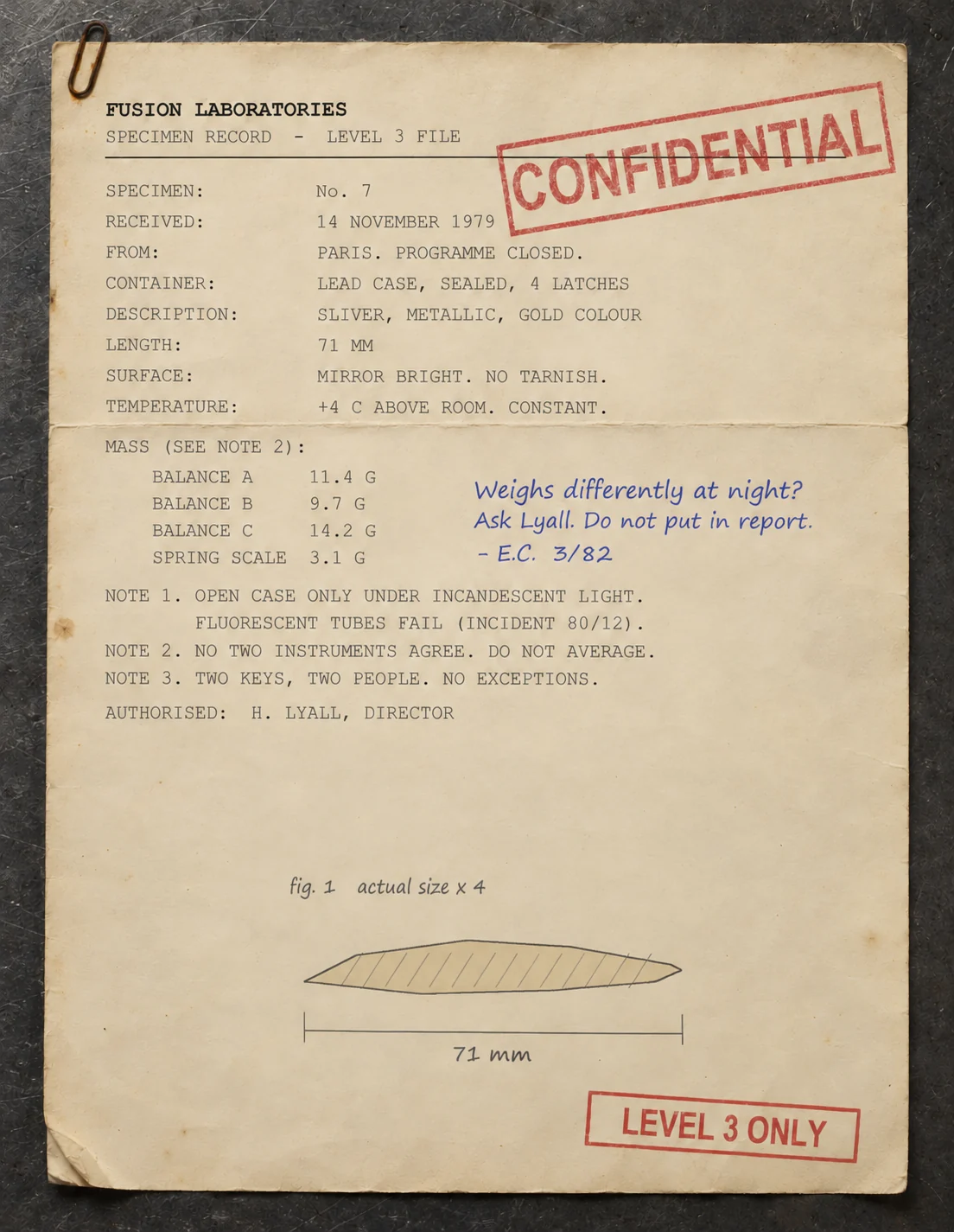 The Specimen 7 record sheet
