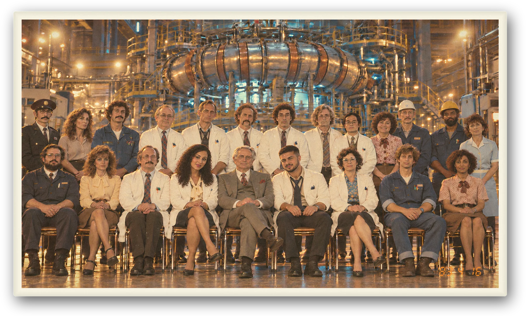 The Fusion Laboratories staff photograph of 1983: twenty-two people in two rows in front of the Ring