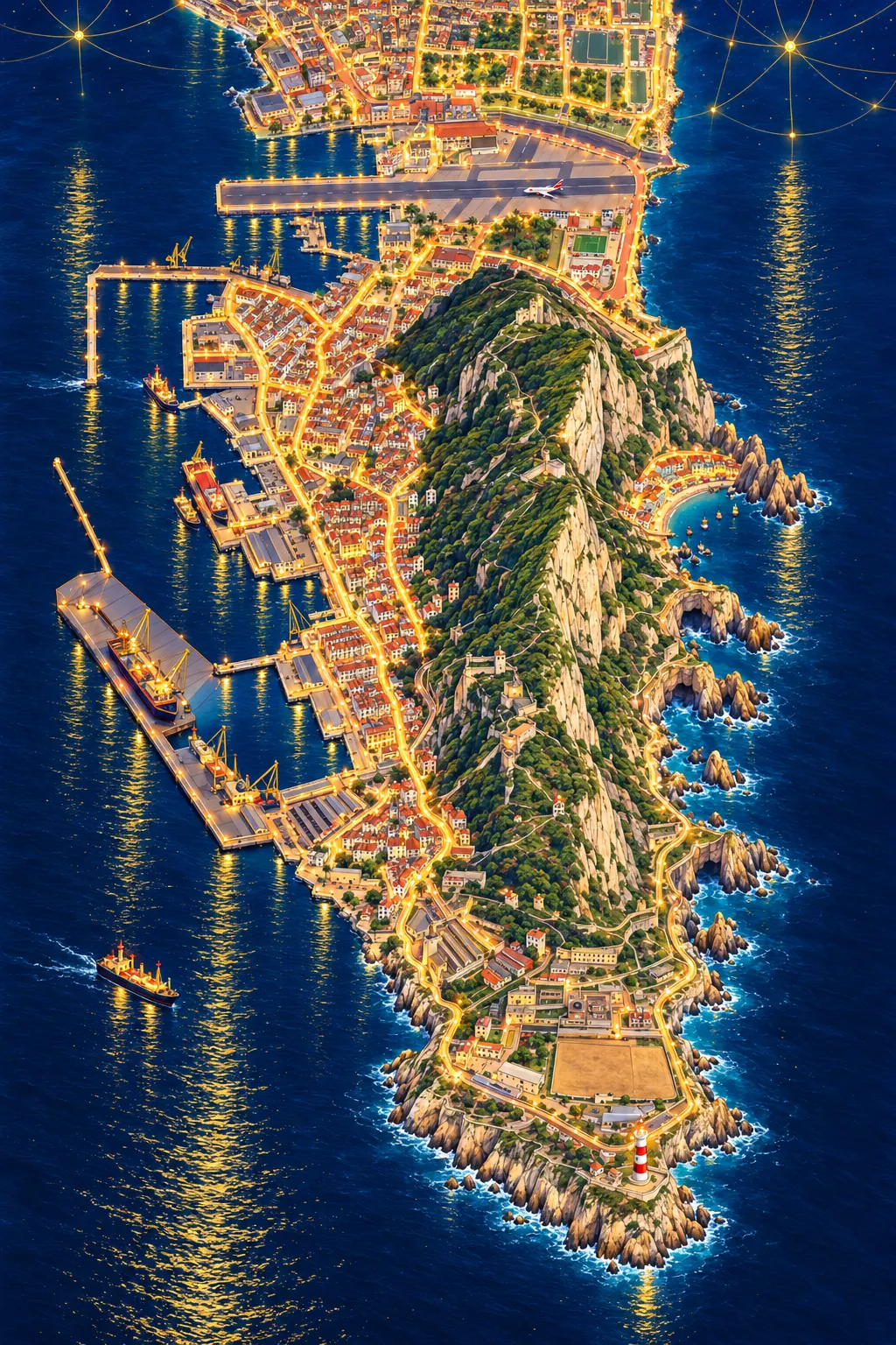 An illustrated map of Gibraltar at night in 1985, rendered from a real 1980s aerial photo, from the frontier and the runway in the north to the lighthouse at Europa Point in the south