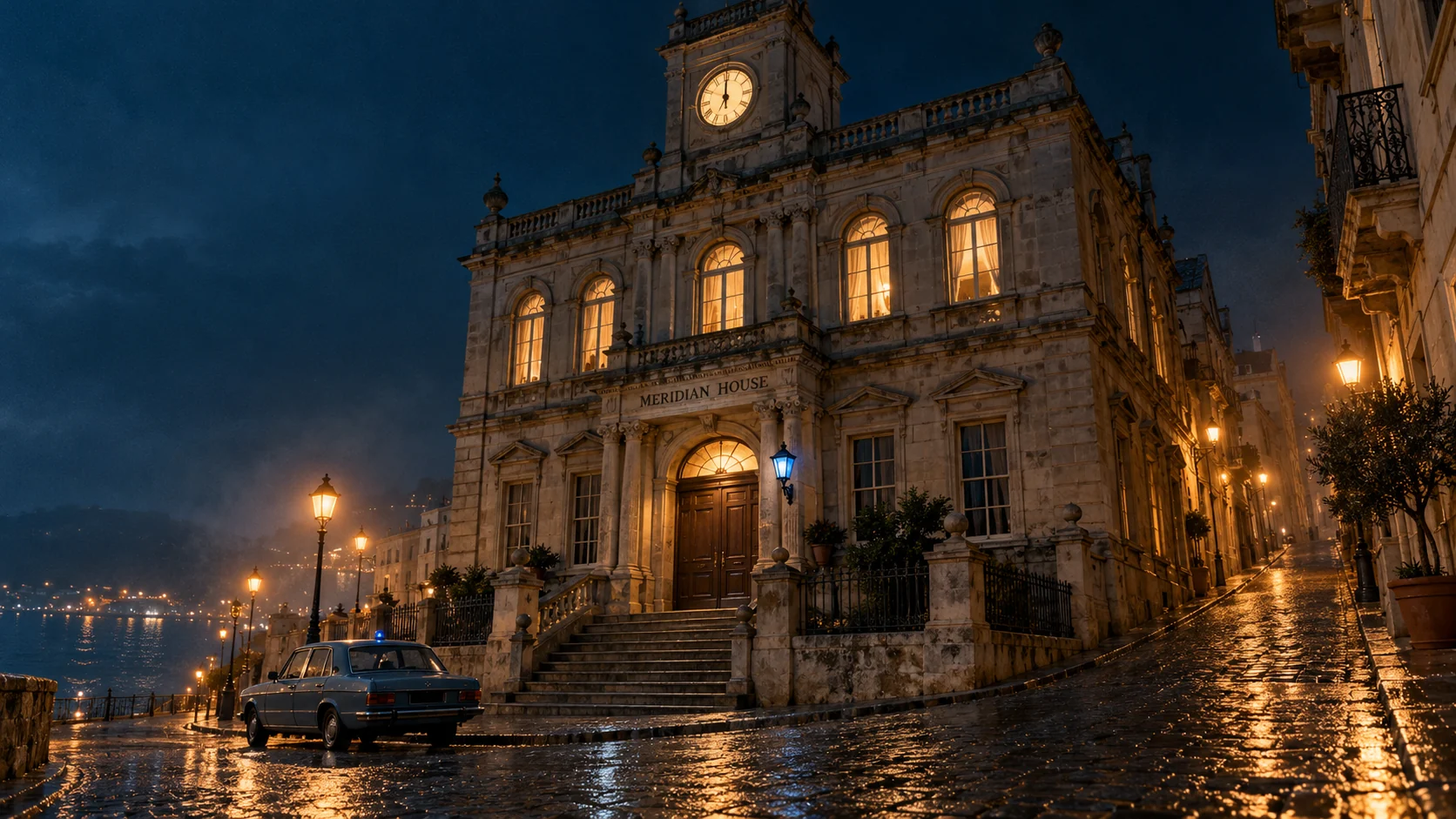 Meridian House, a stone police headquarters with a clock tower, at night