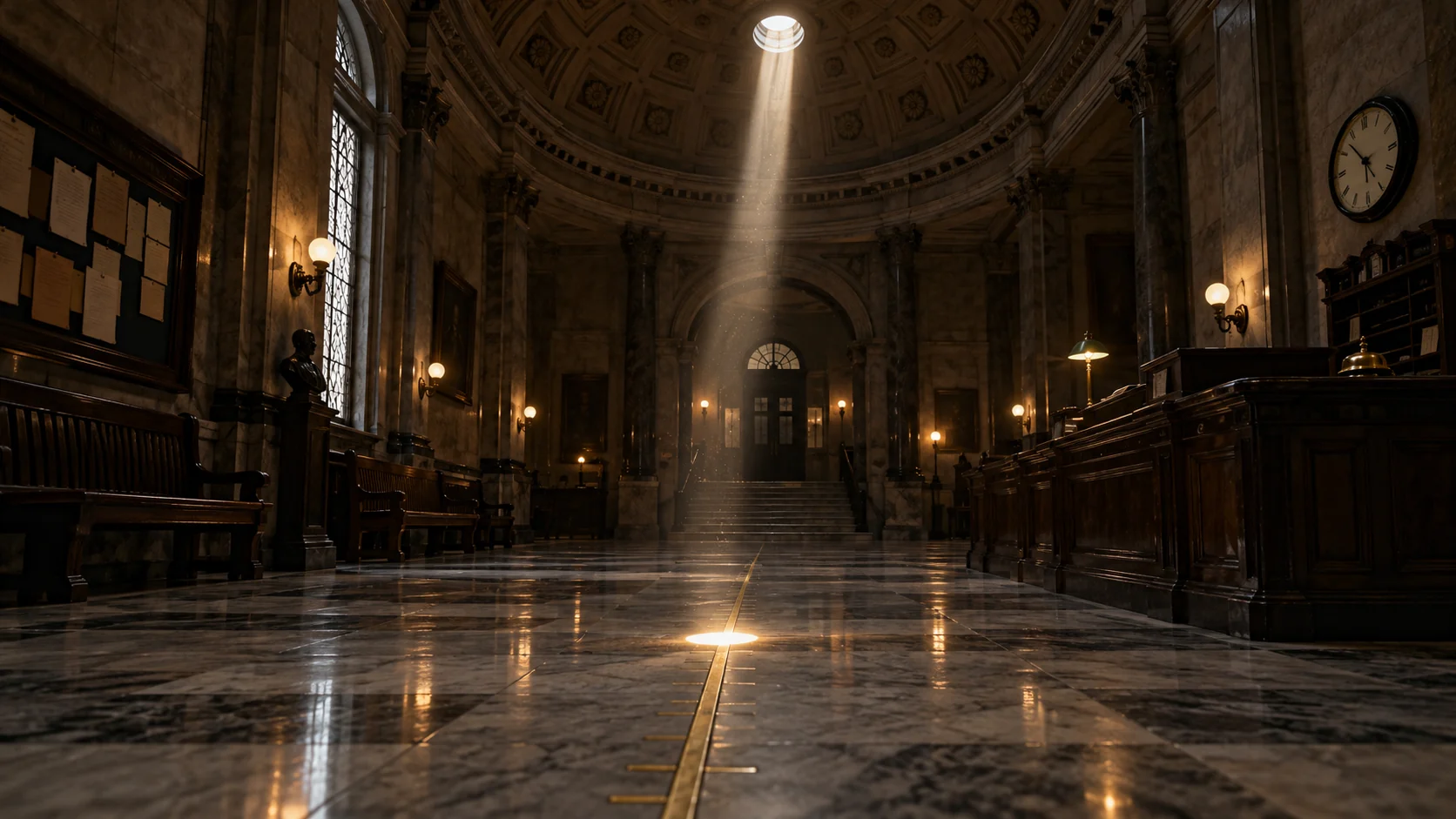 A beam of sunlight falling on the brass meridian line in the front hall