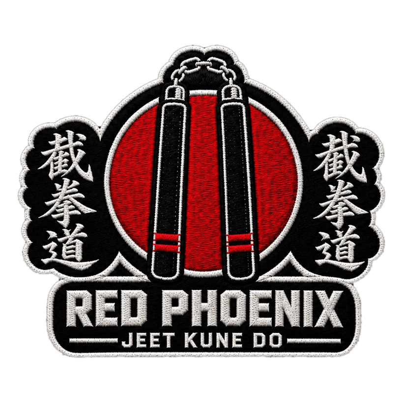 The Red Phoenix badge: black nunchaku across a red sun, 截拳道 on either side, and RED PHOENIX, JEET KUNE DO underneath