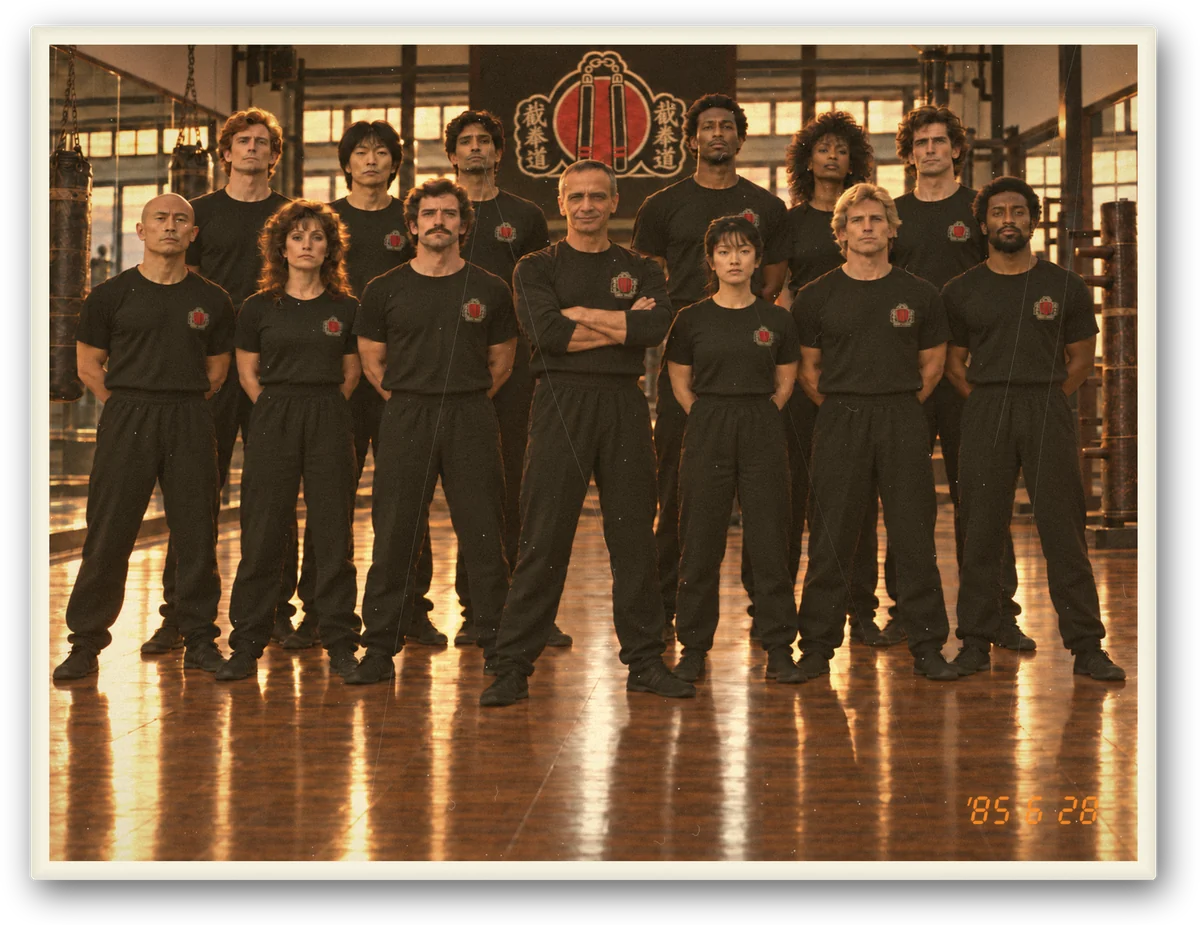 The Red Phoenix senior class photograph, an old print dated '85 6 28: Rafael Carter in the middle with his arms folded, twelve students in black around him, the badge large on the wall behind
