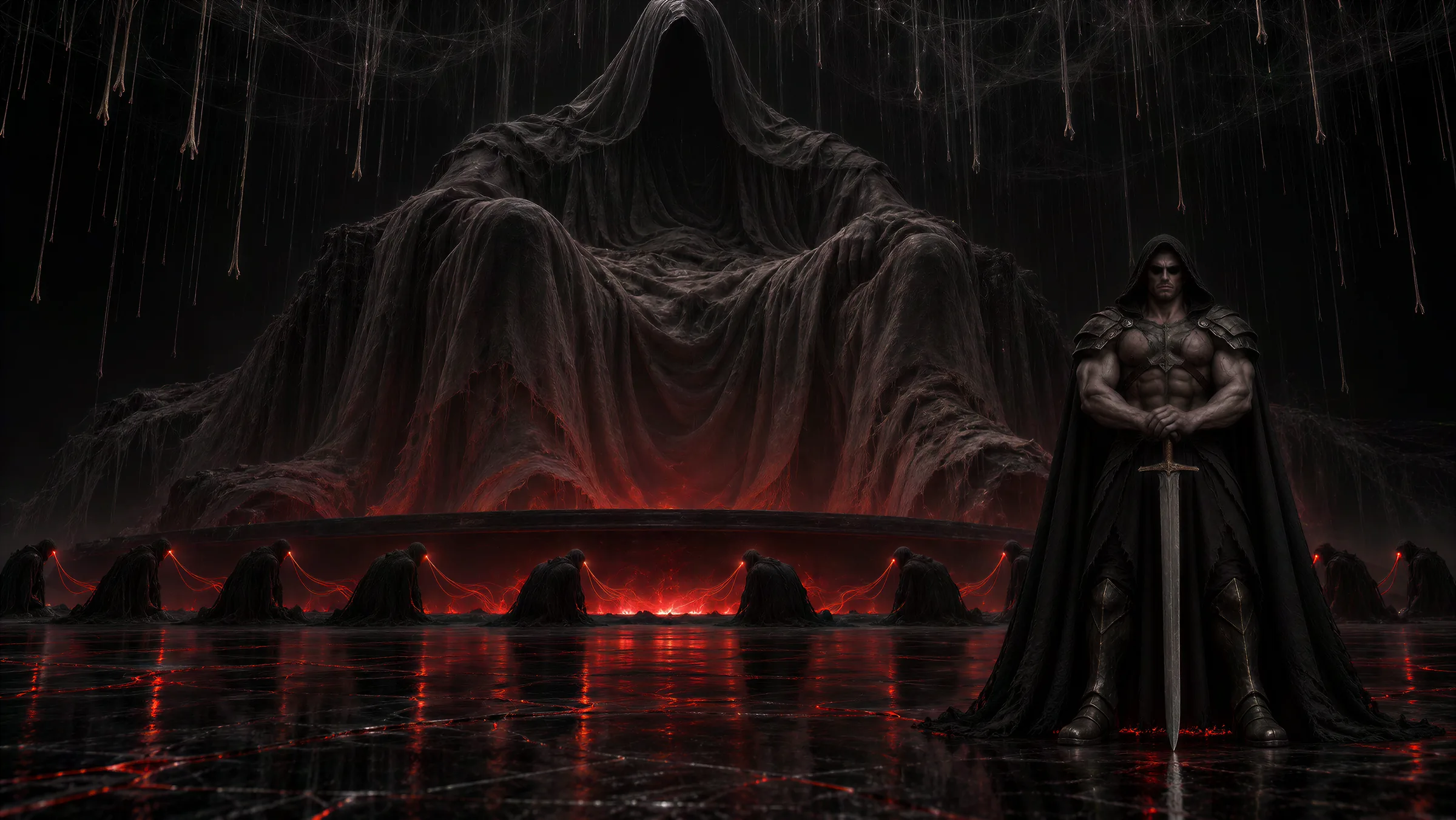 Death, a colossal seated figure under a ragged grey shroud, above the red ring of the Furnace, with one of its servants standing guard