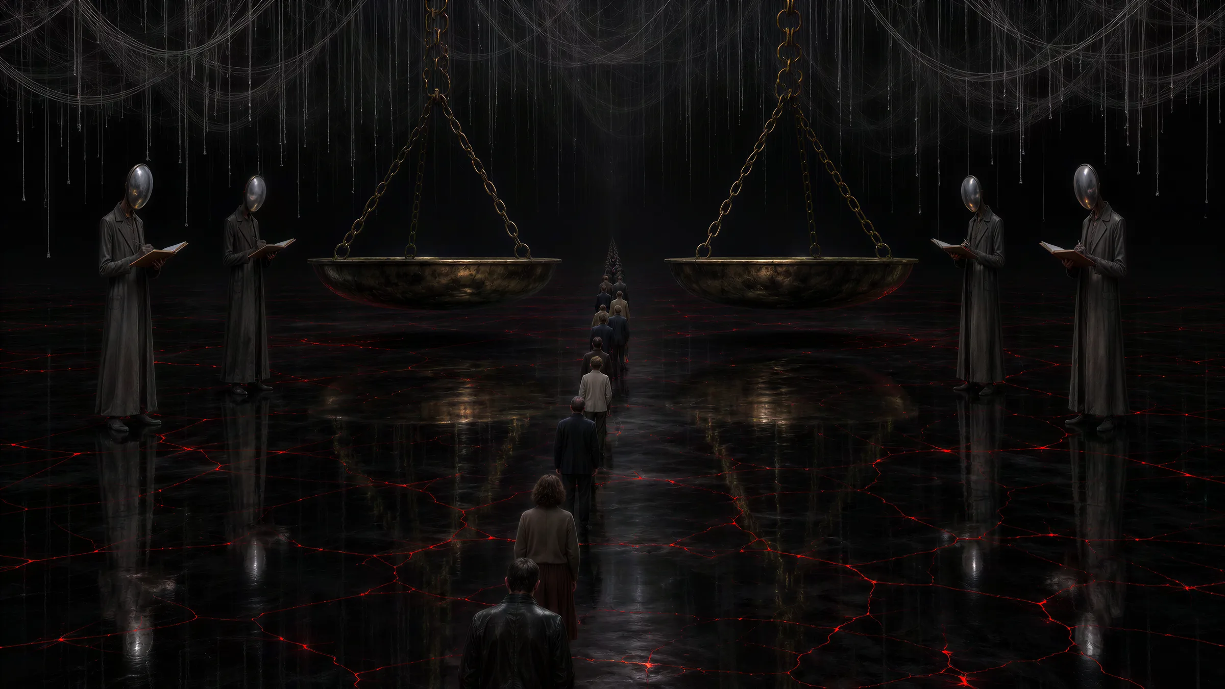 The Weighing Hall of the Underframe: the dead walk in a single line between the two plates of the Scale, watched by faceless Weighers holding ledgers